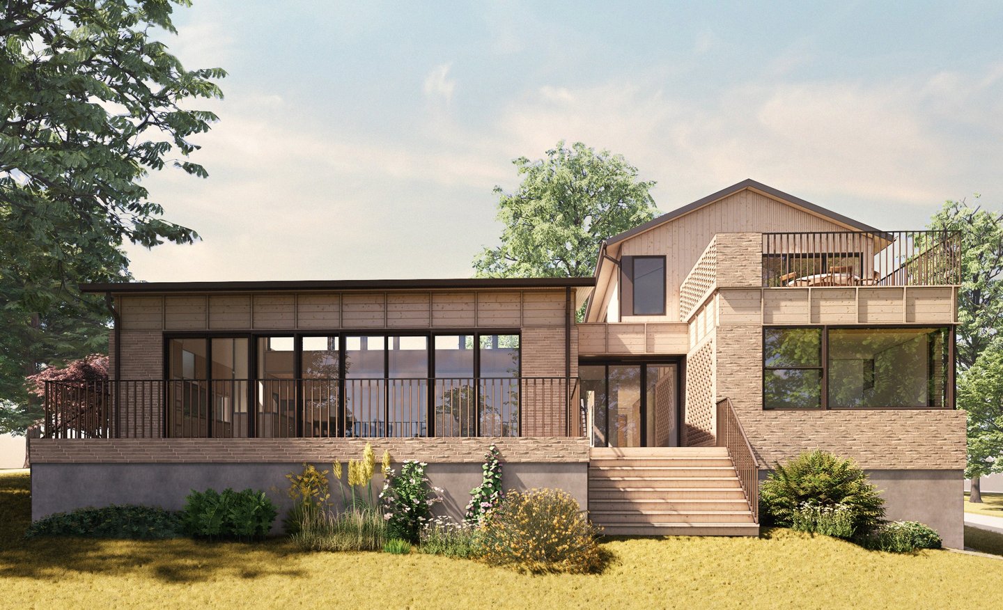 Modern eco-friendly timber house with large glass windows and an expansive wooden deck.