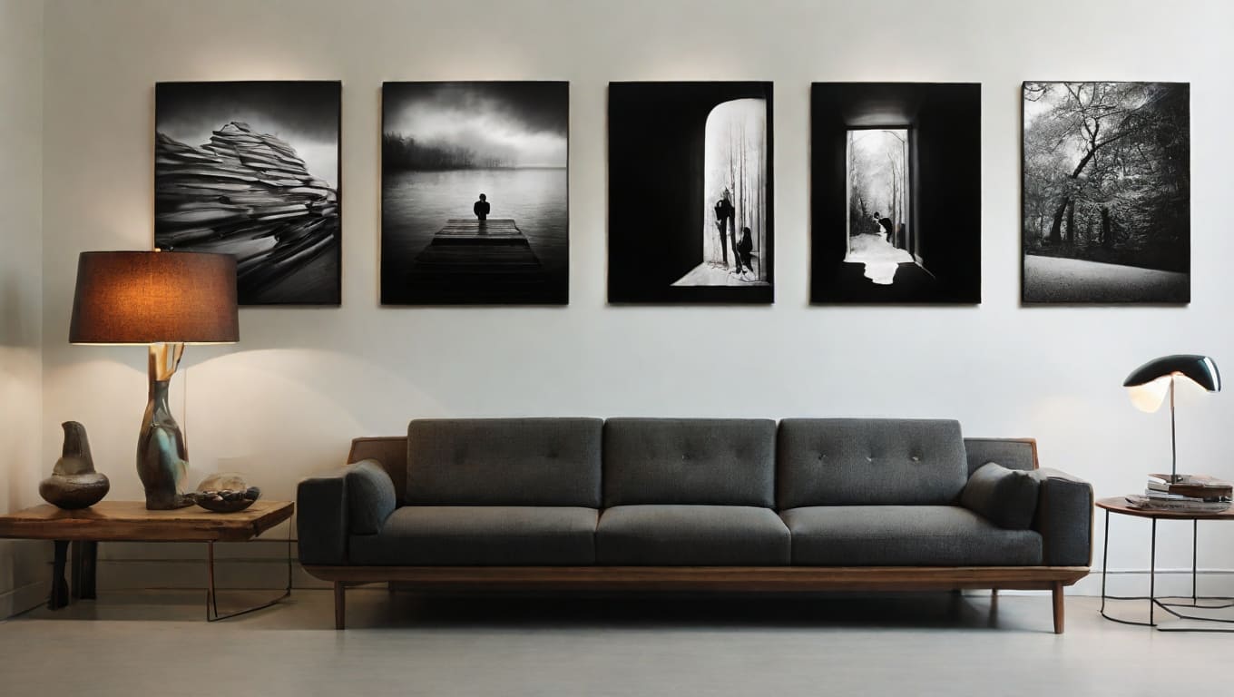 Obras de Arte emolduradas em uma Sala de Exposição