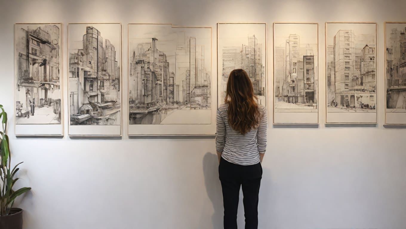 Visitantes Admirando uma Exposição de Obras de Arte em uma Galeria