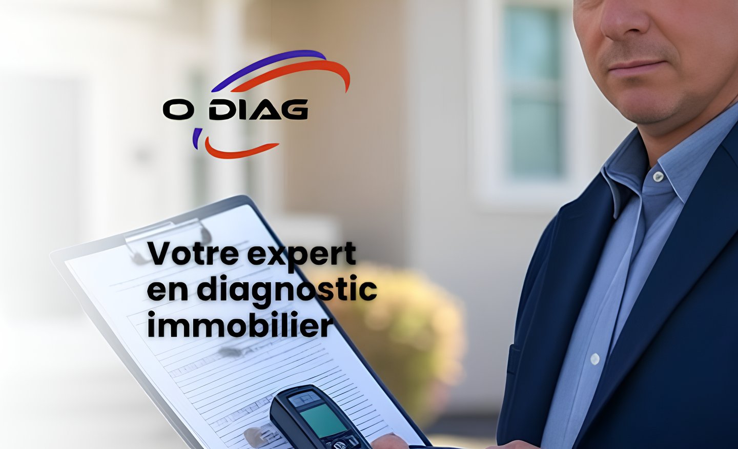Expert en diagnostic immobilier tenant une tablette devant une maison, avec le logo Odiag.