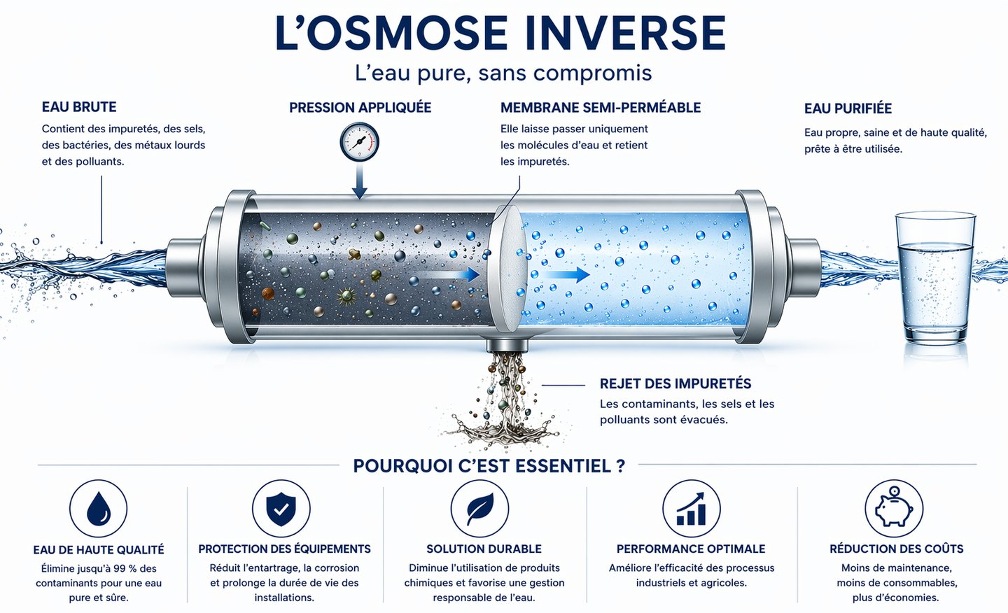 Schéma de fonctionnement osmose inverse - membrane semi-perméable filtration eau purifiée Maroc