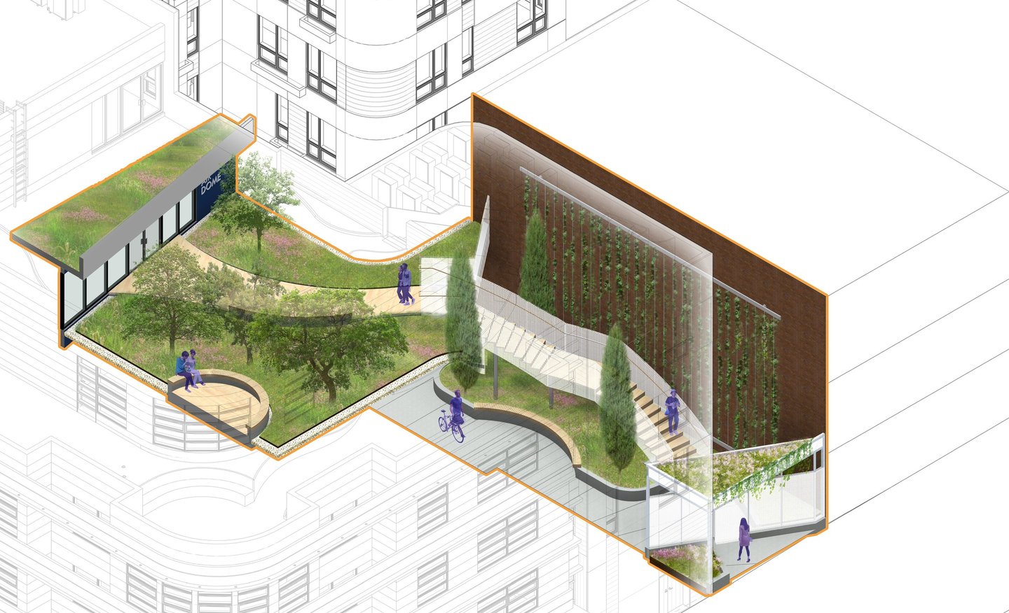 A rendered diagram of a curving stair in a courtyard