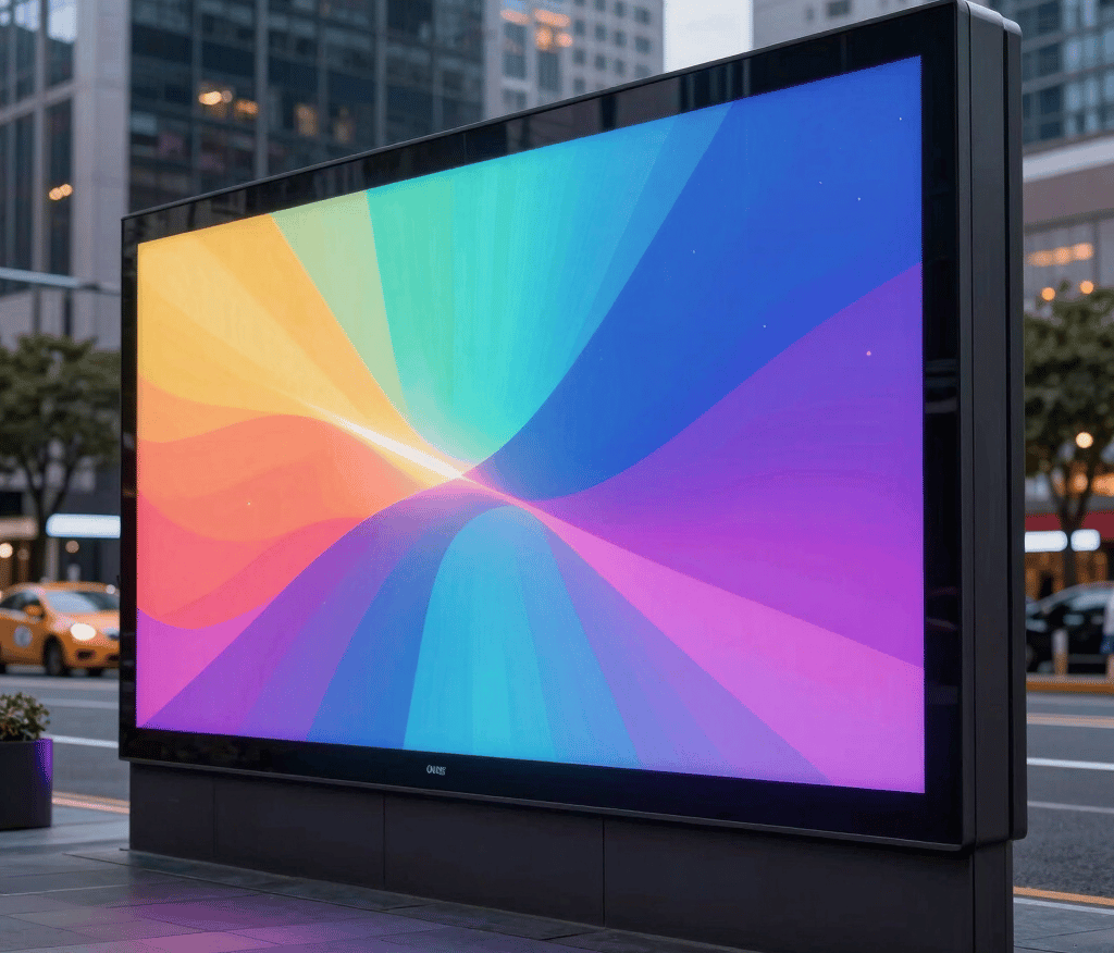 A vibrant LED billboard glowing at dusk in a busy street of Caxias do Sul.