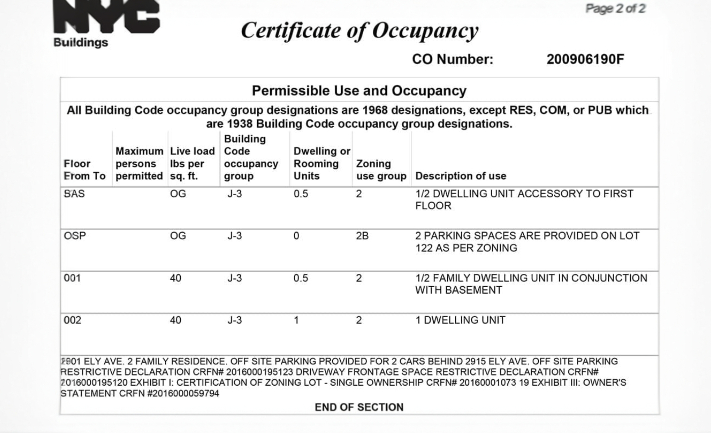Example of a page from an Official NYC DOB Certificate of Occupancy document