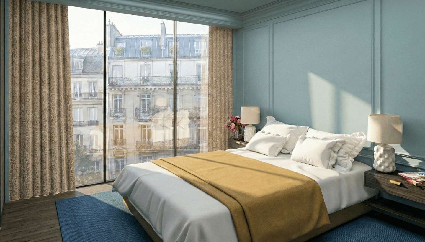 Rénovation chambre haussmannienne à Paris, design signé Nina Poma Studio.