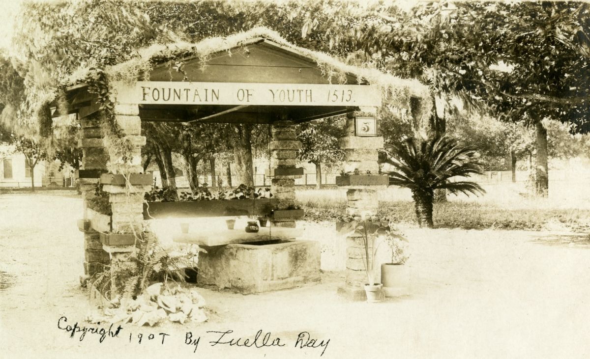 old yellowed photo of fountain of youth in st augustine, fl