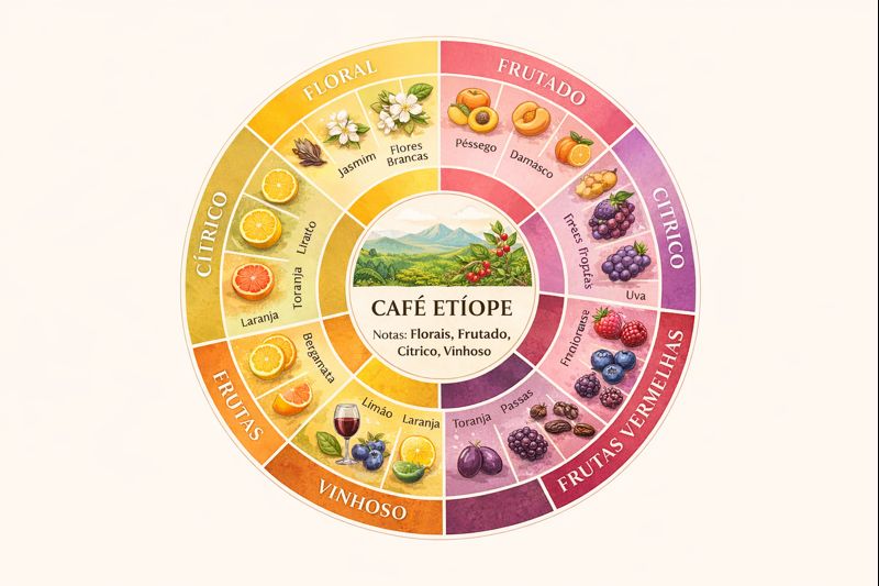 Roda de sabores do café etíope destacando notas florais, frutadas, cítricas e frutas vermelhas
