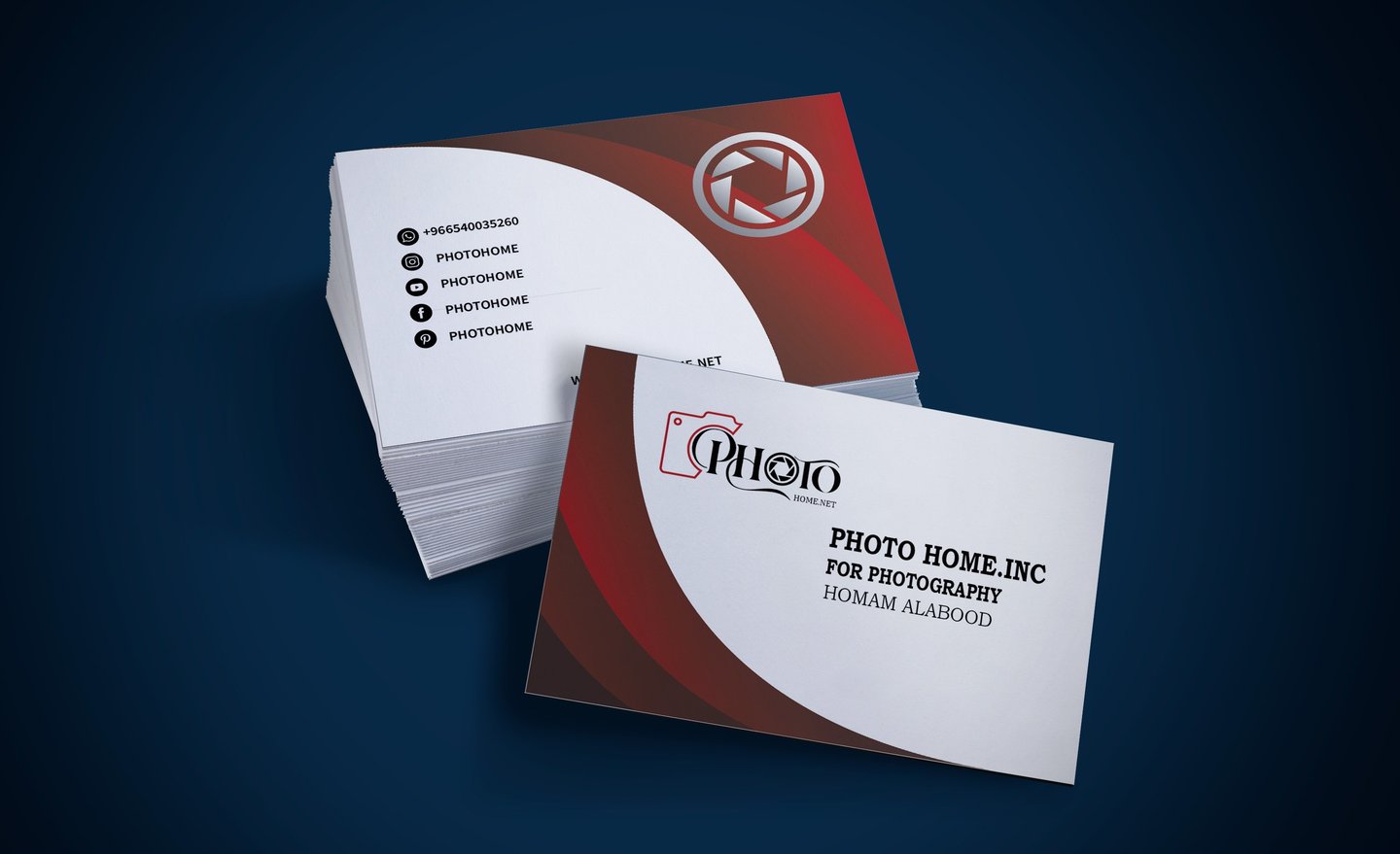 تصميم كرت عمل (بزنس كارد) لشركة PhotoHome للتصوير في السعودية.