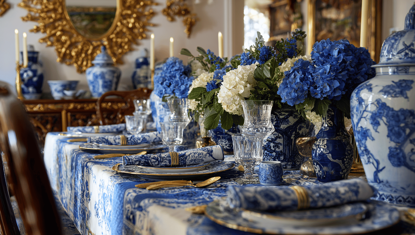 a table setting with blue and white plates and blue and white plates