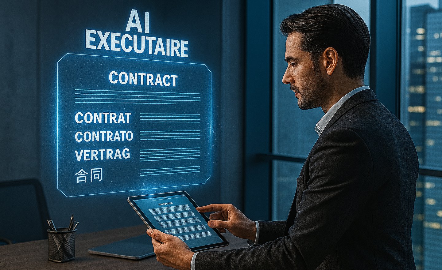 a man in a suit and tie is holding a tablet computer