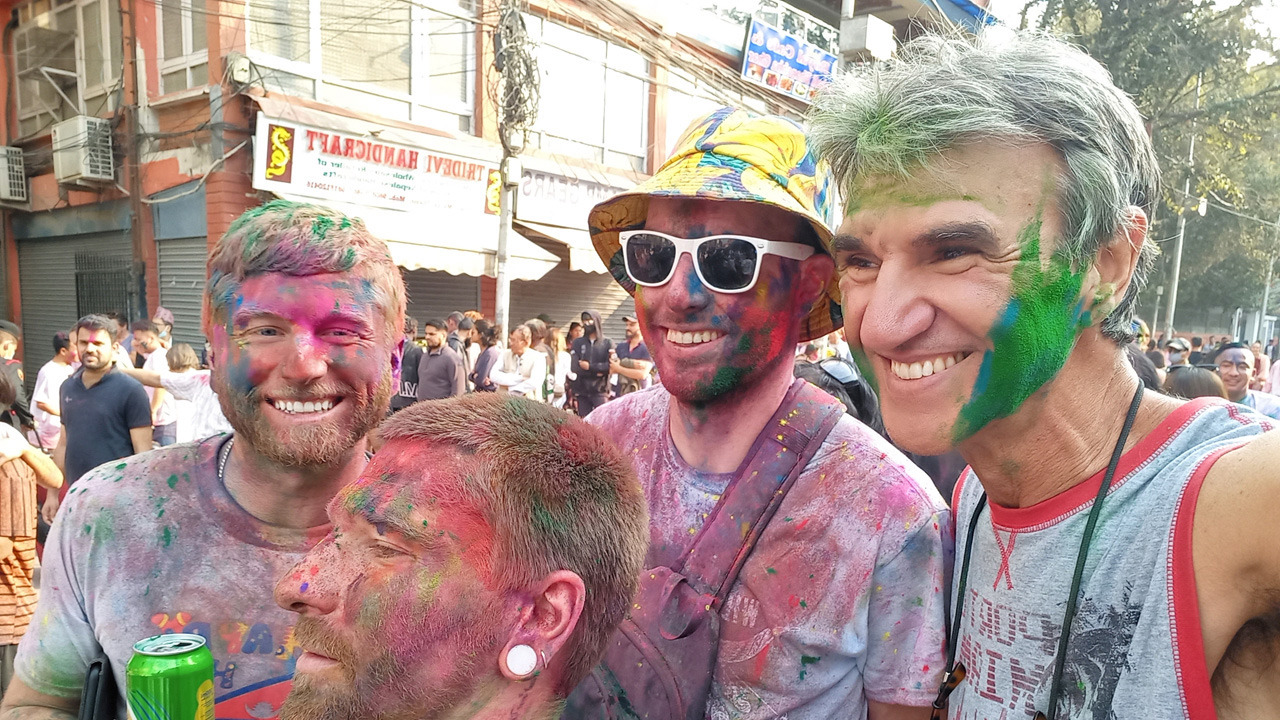 Backpackers partying in Kathmandu during Holi festival