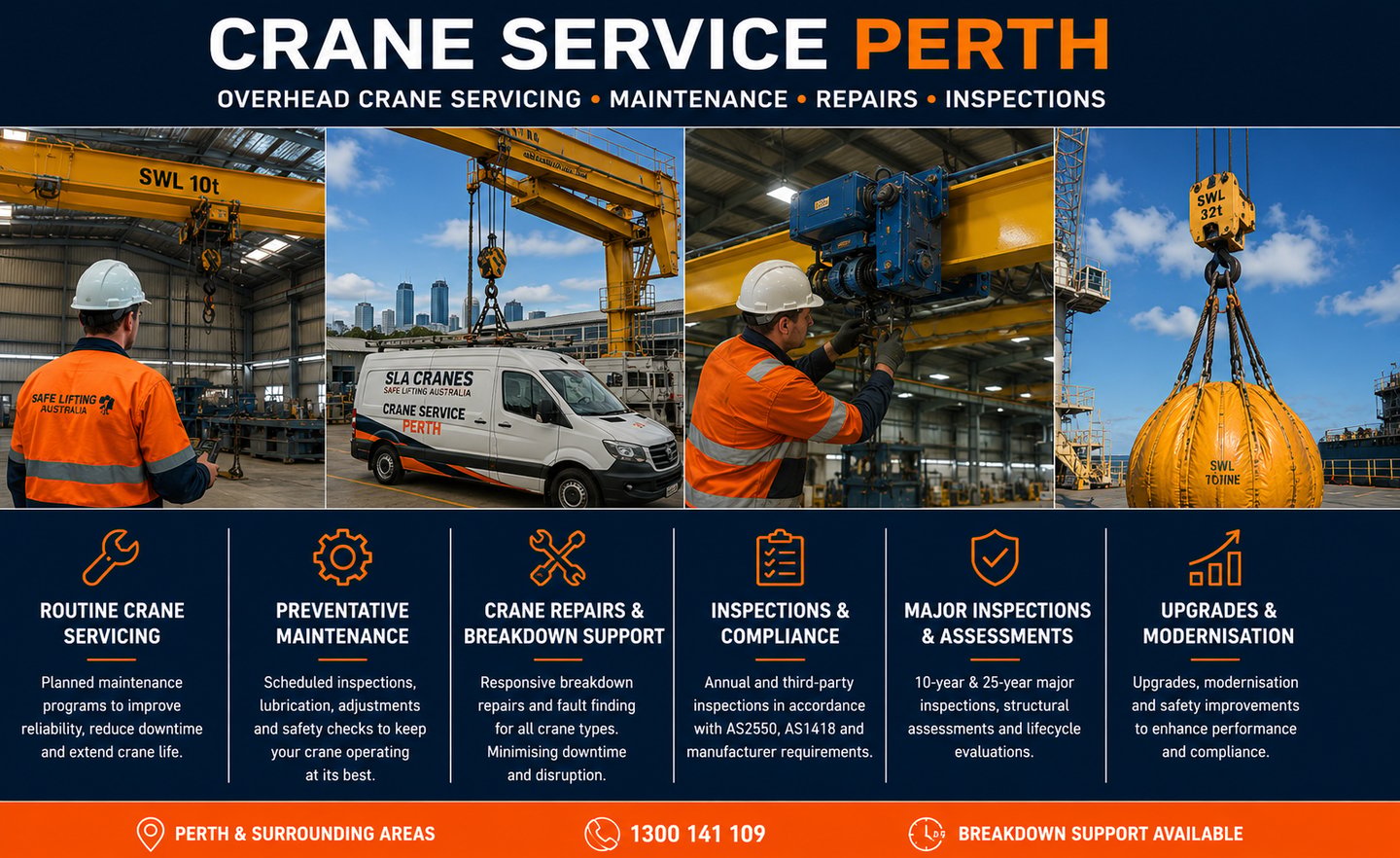 collage picture of technician performing crane servicing and inspections