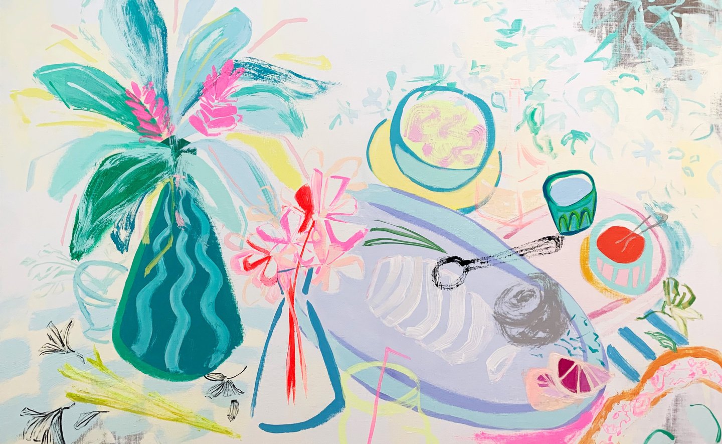 a painting of orchids on a table, tablescape by artist Lena Sin