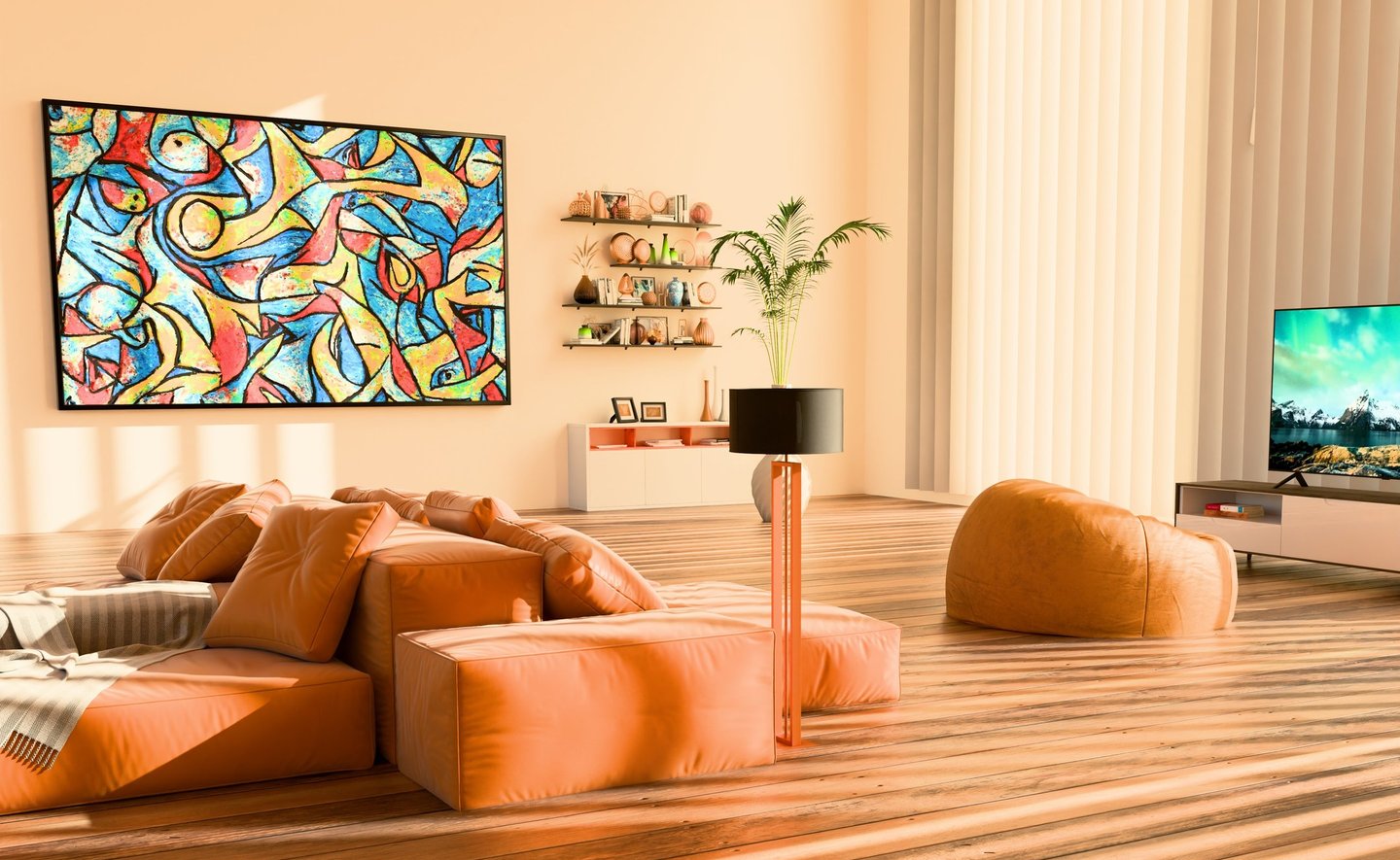 A 3D rendering of a vibrant, well-lit living room