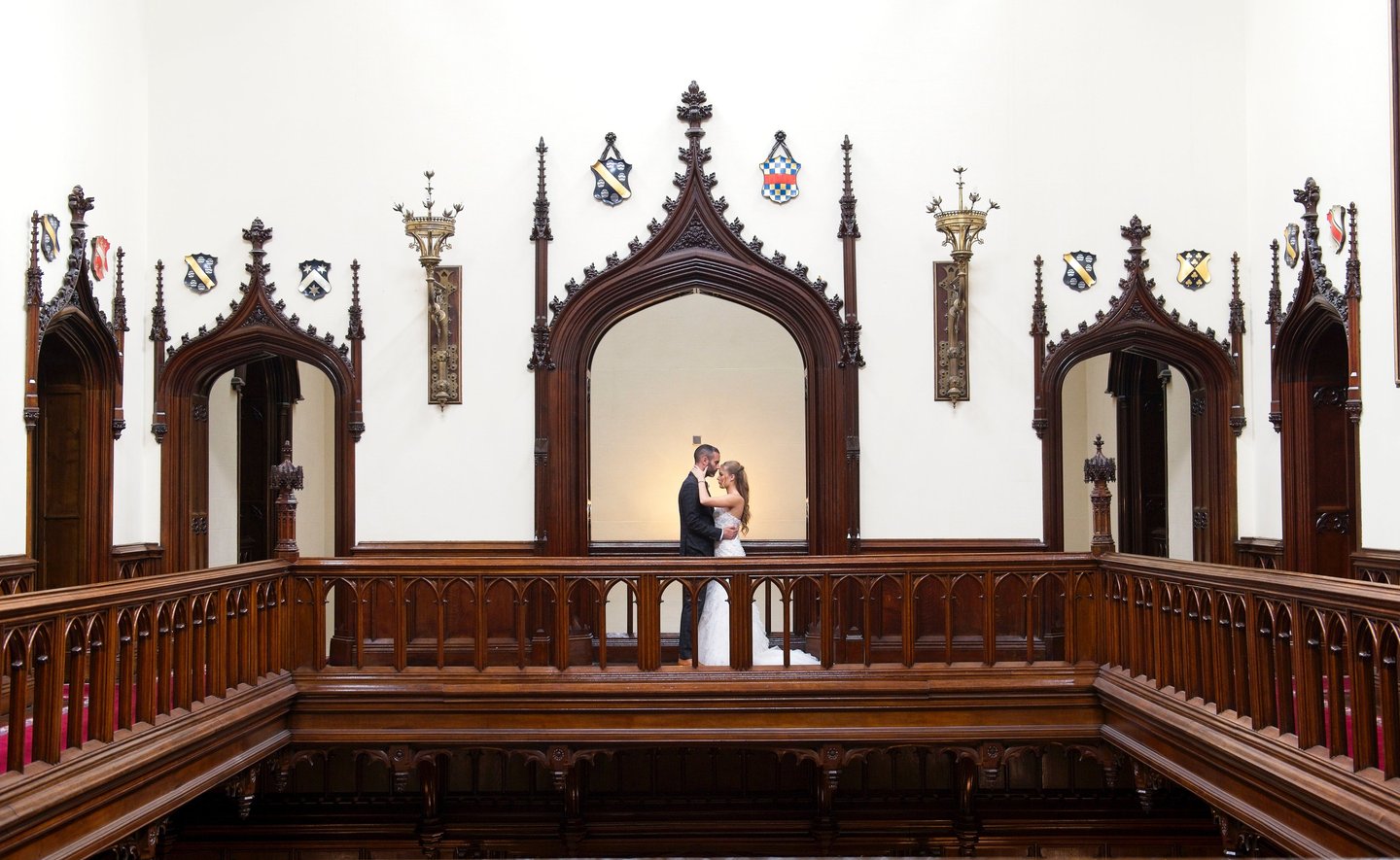 bride and groom in romantic photo, in a grand castle setting