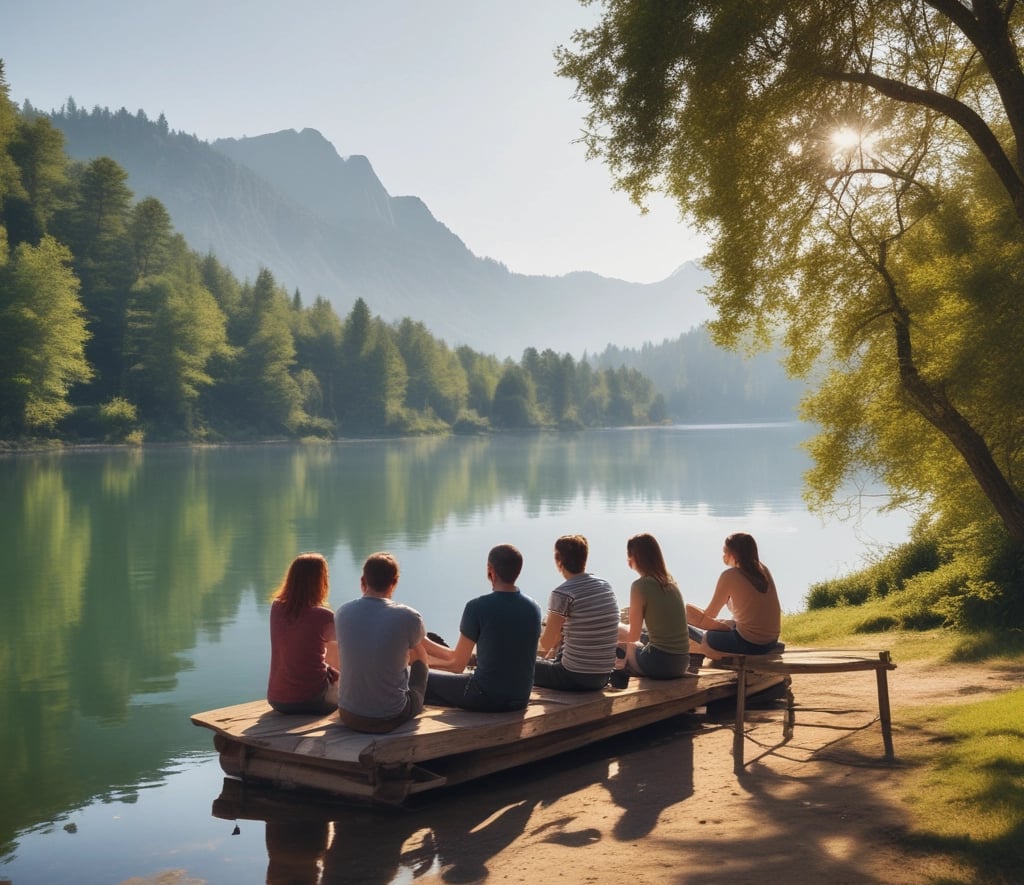 a group of people sitting on a bench near a lake