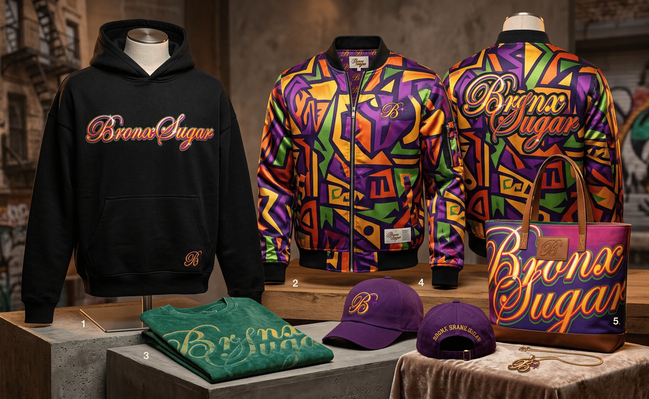 Bronx Sugar streetwear collection featuring a black hoodie, colorful geometric bomber jackets, and purple baseball caps.