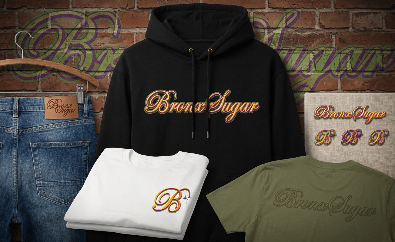 Bronx Sugar branded black hoodie and t-shirts displayed with denim jeans against a brick wall background.