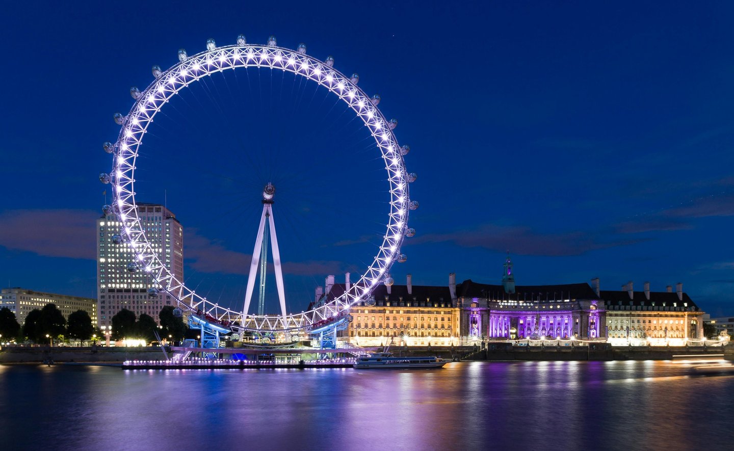 Panoramic view of London Eye showing Thames River and city landmarks