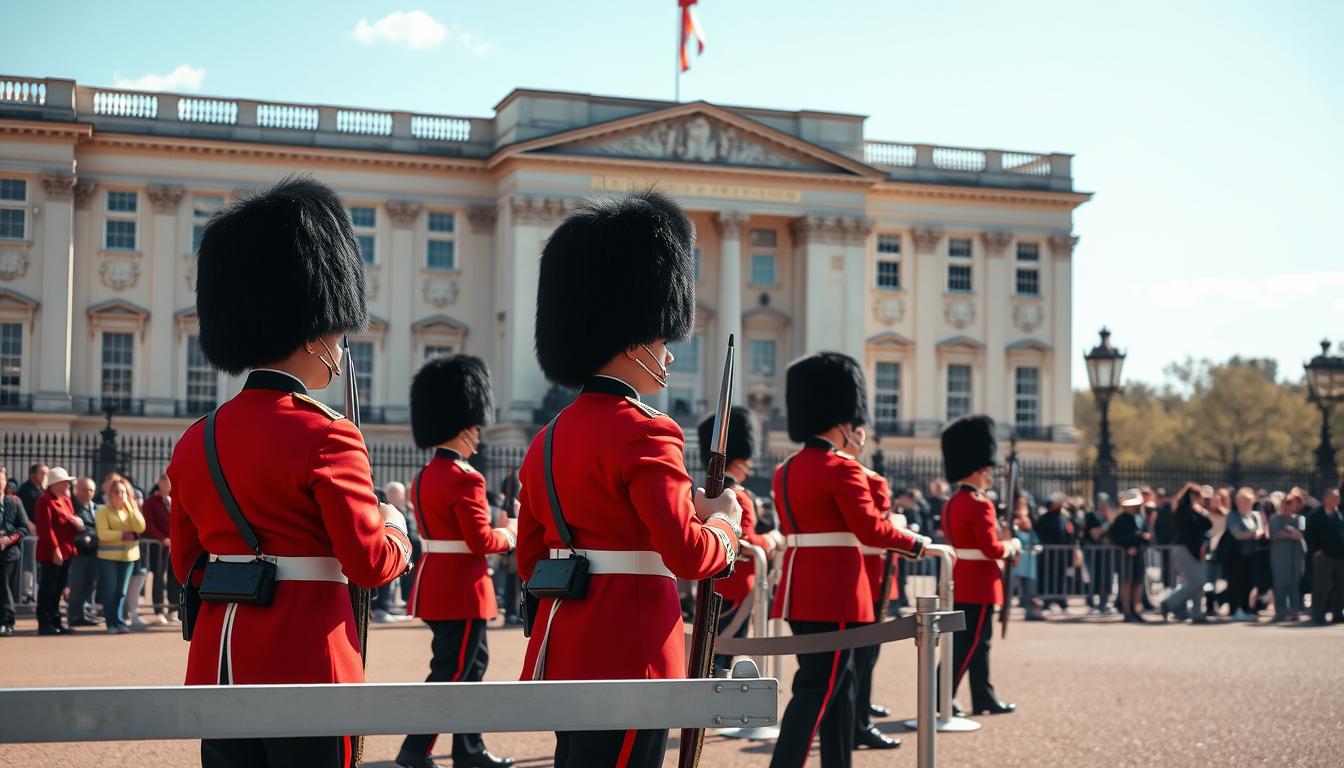 Buckingham Palace with red-coated guards during Changing of Guard ceremony London