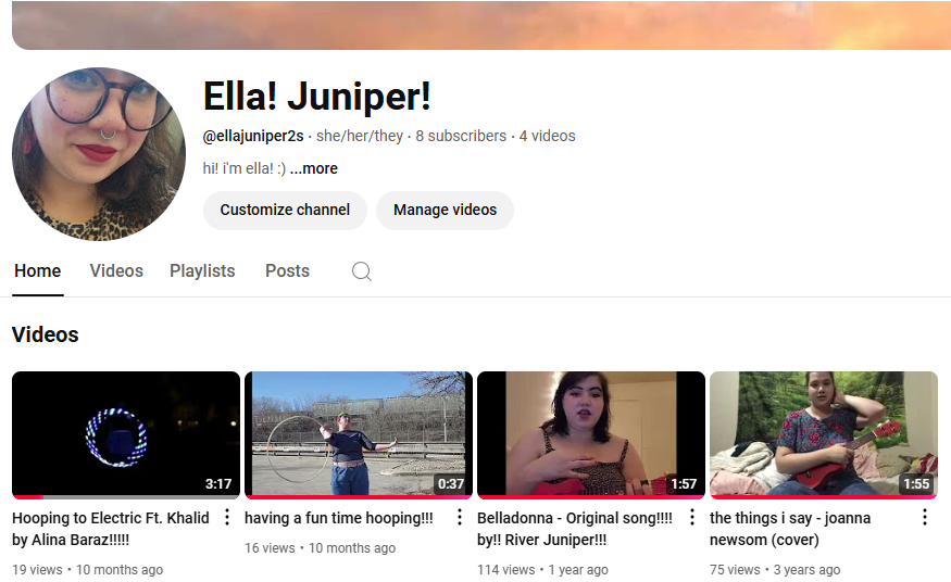 Screenshot of Ella's Youtube channel 