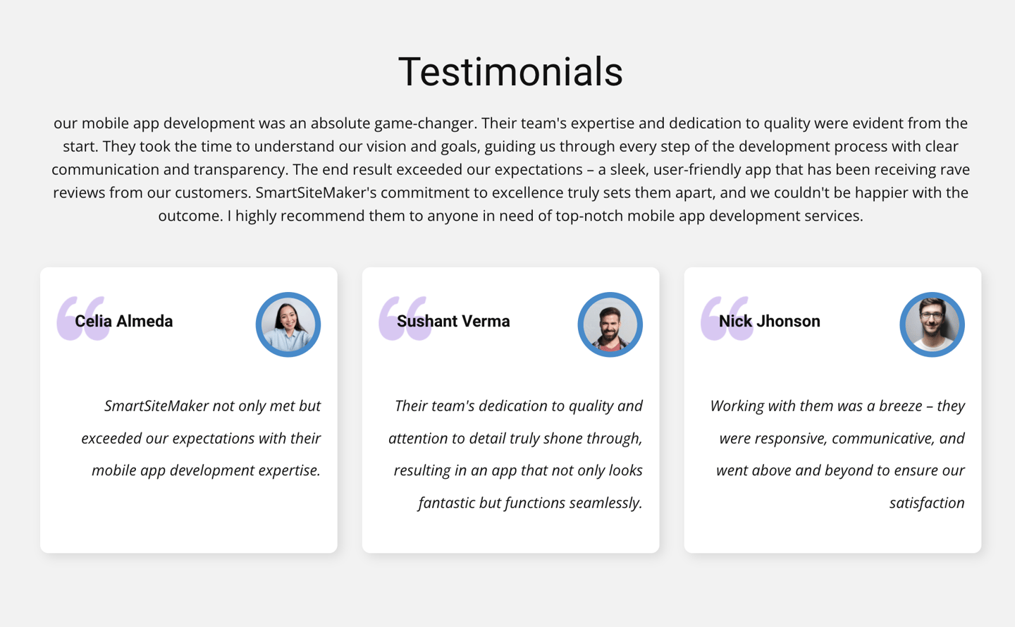 a website page with a few of the words testimonalise