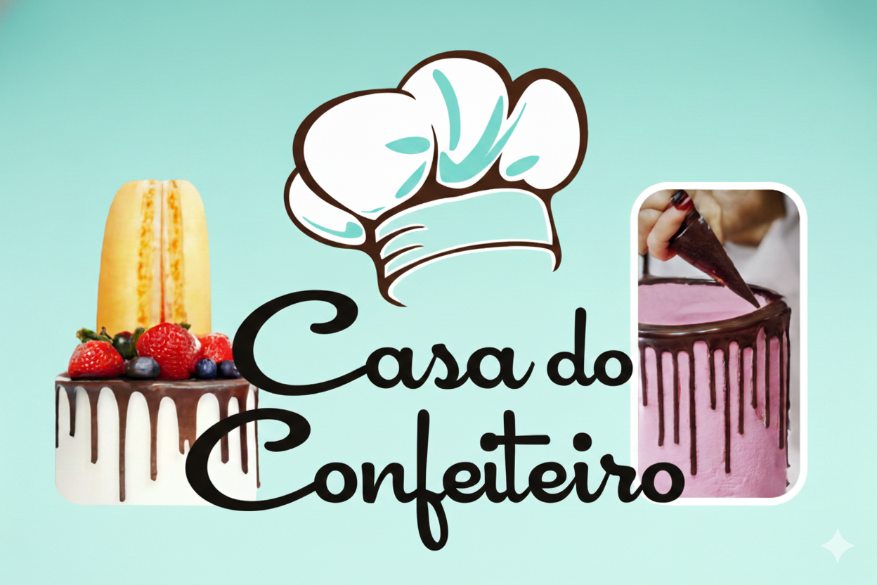 Casa do Confeiteiro logo with a chef hat and gourmet cakes featuring chocolate drip and fresh berries.