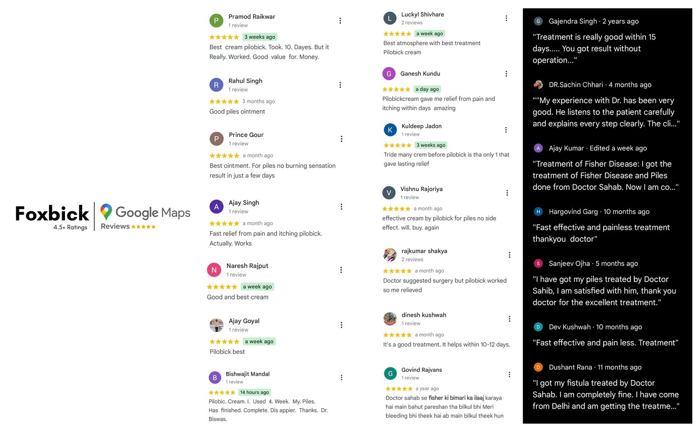 Foxbick Google Reviews — 4.5+ stars, multiple customers praising Pilobick ointment for piles relief