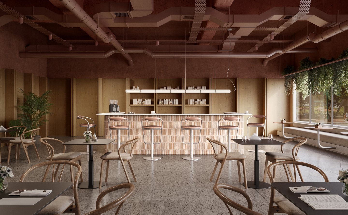 diseño de interior de café. Colores calidos: madera, ceramica rosada, techo rojo desaturado. 