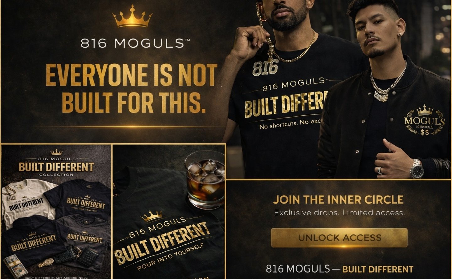 Men wearing 816 Moguls luxury urban apparel from the Built Different t-shirt and streetwear collection.