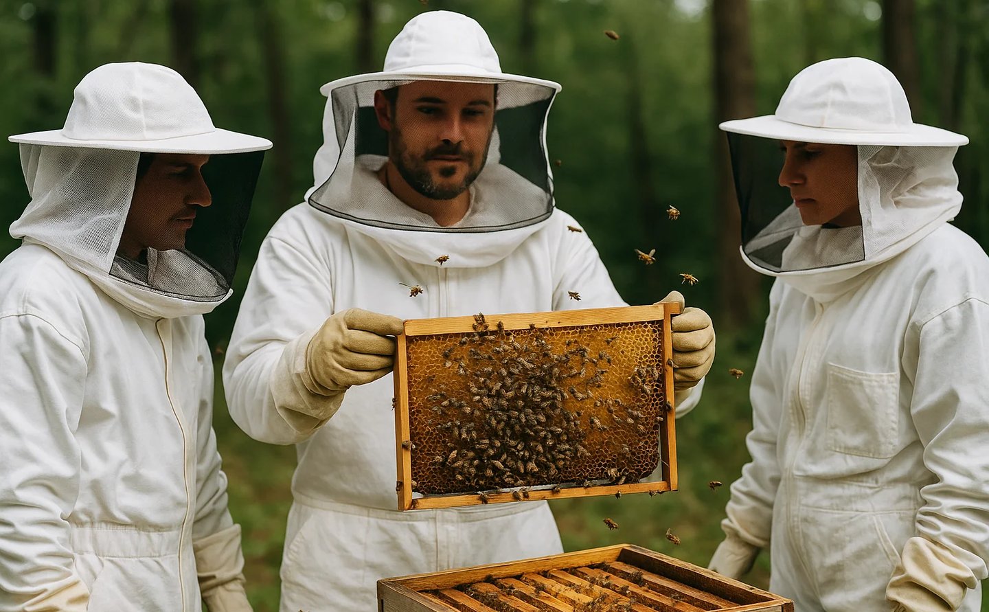 Participantes vestidos com fato apícola a observar colmeias abertas