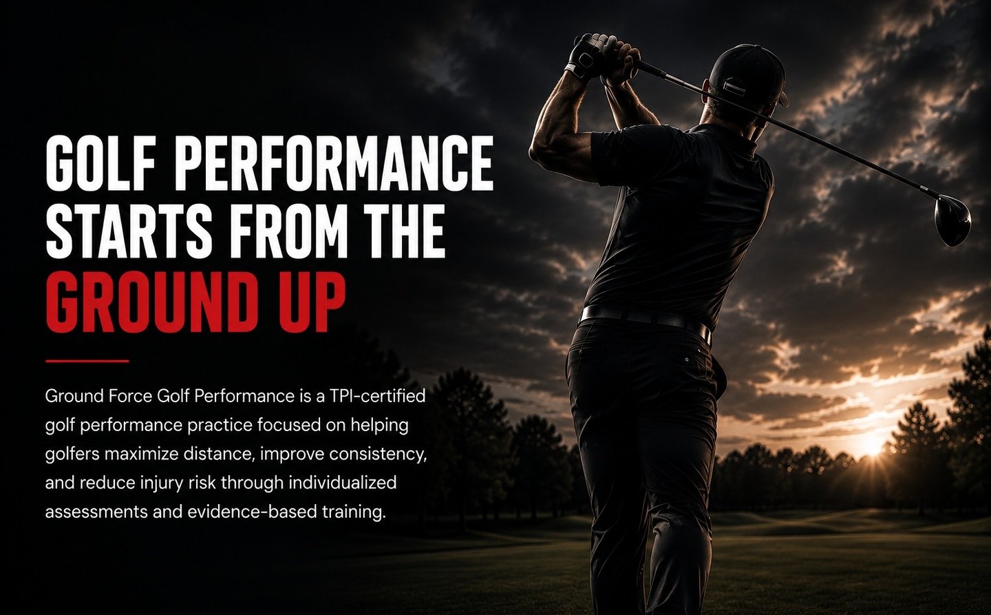 A golfer executing a powerful swing at sunset, showcasing professional golf performance training and TPI techniques.