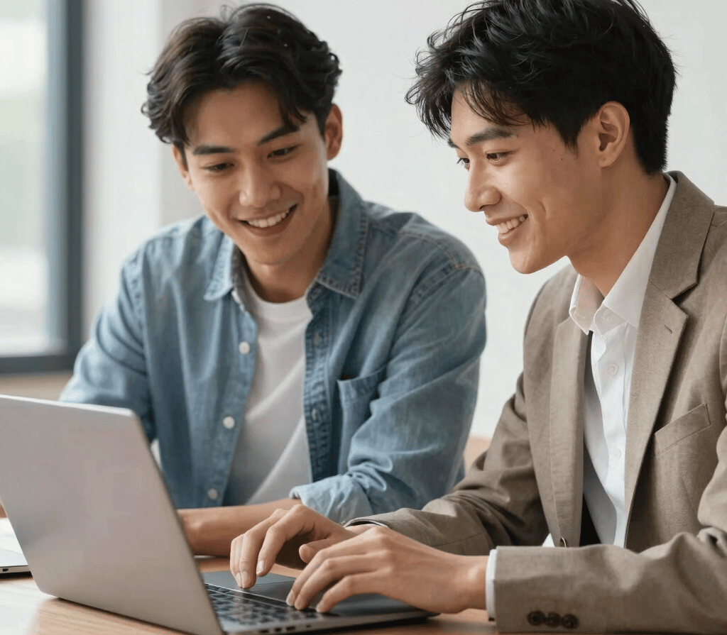 A friendly consultant speaking with an international student in a bright office.