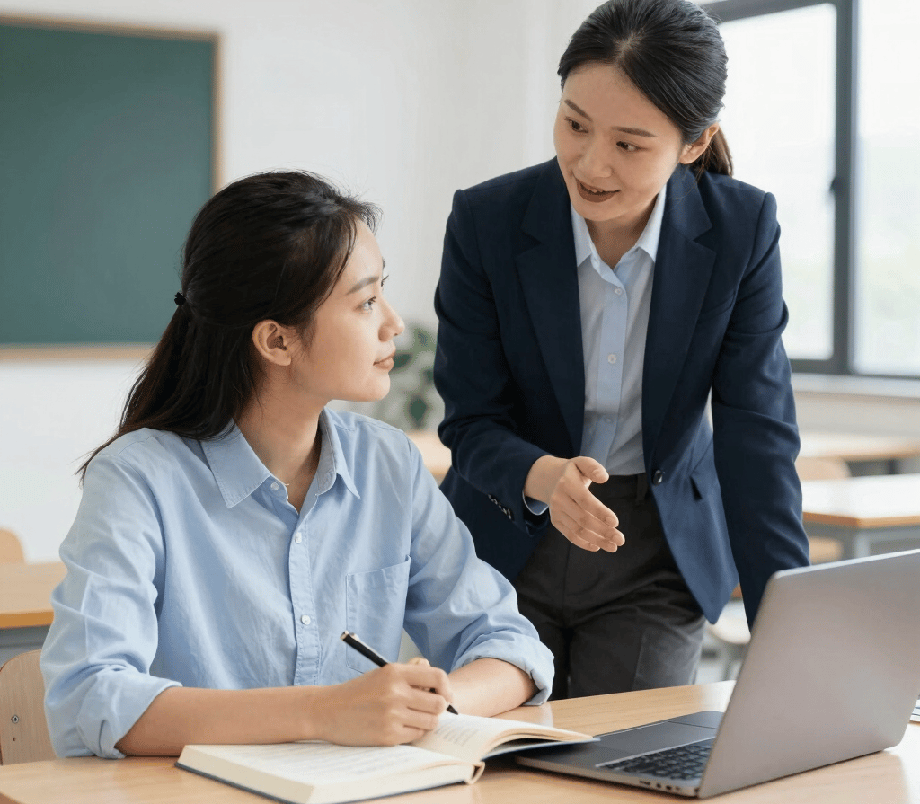 A friendly consultant speaking with an international student in a bright office.