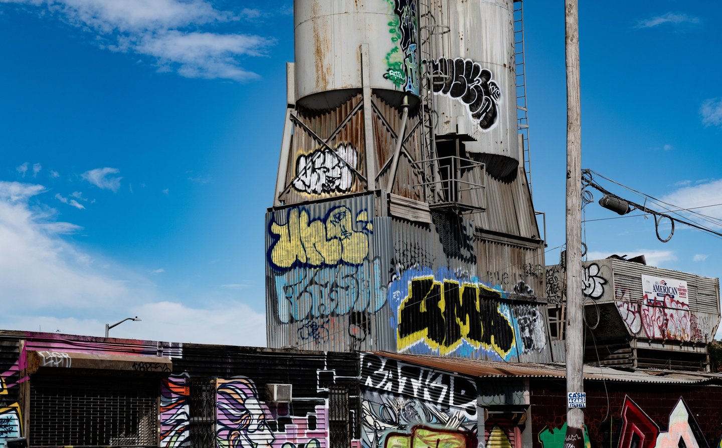 an image of graffiti on a water tank and buildings on a brooklyn street