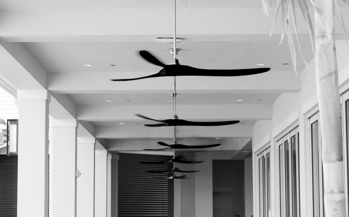 a row of spinning ceiling fans in between columns and doors at wildblue resort estero florida