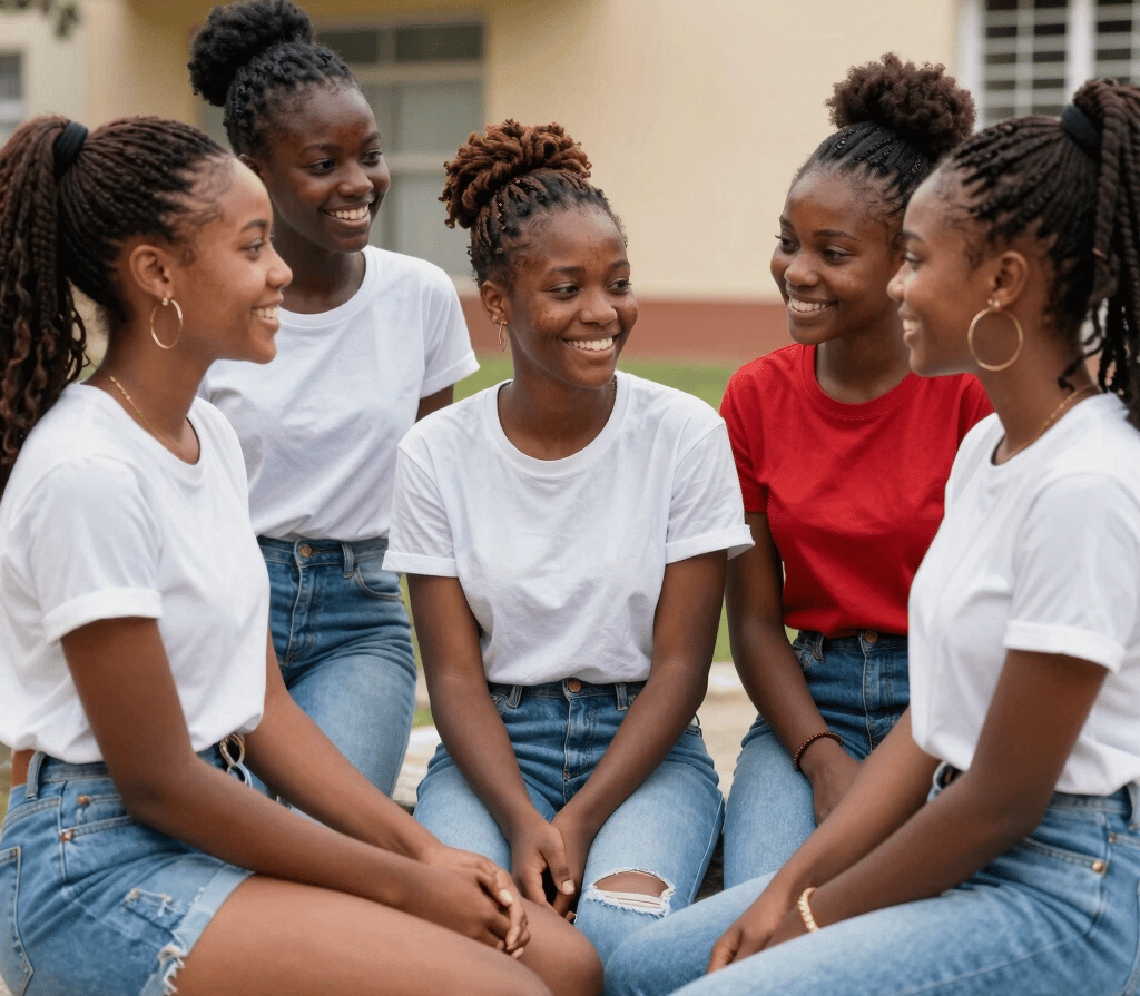A vibrant group of diverse teenage girls smiling and supporting each other outdoors, radiating confidence and joy.