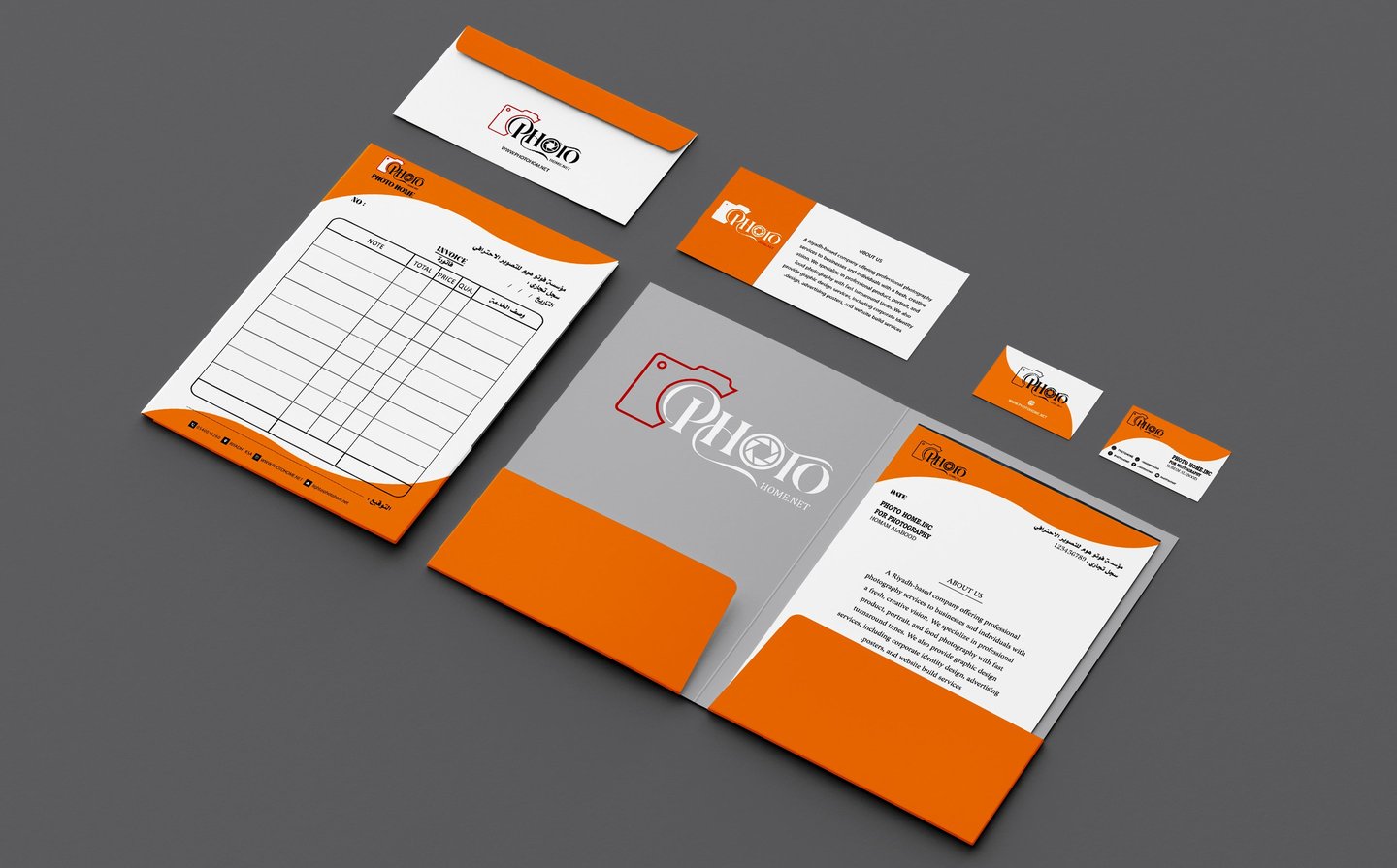 هوية بصرية متكاملة لشركة خدمات تصوير في السعودية: تصميم احترافي وأنيق.