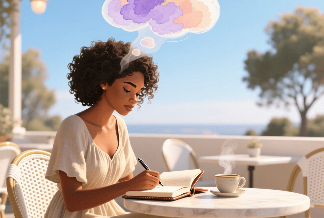 a woman sitting at a table with a notebook and a notebook