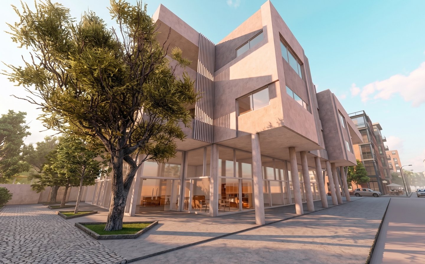 Modern multi-story apartment building with concrete architecture and ground-floor glass storefronts.