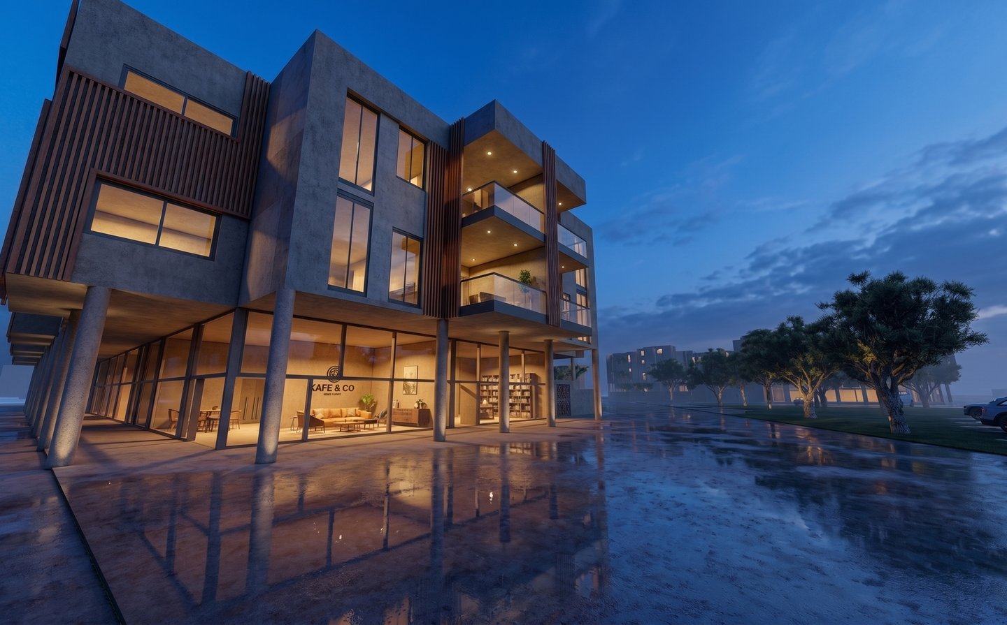 Render exterior de edificio multifuncional