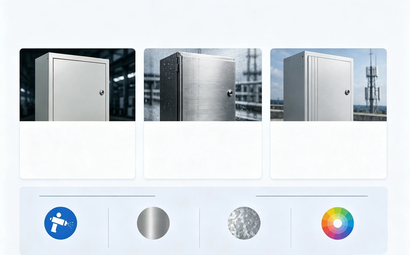 Durable metal electrical enclosures showing weatherproof stainless steel and powder-coated finish options.