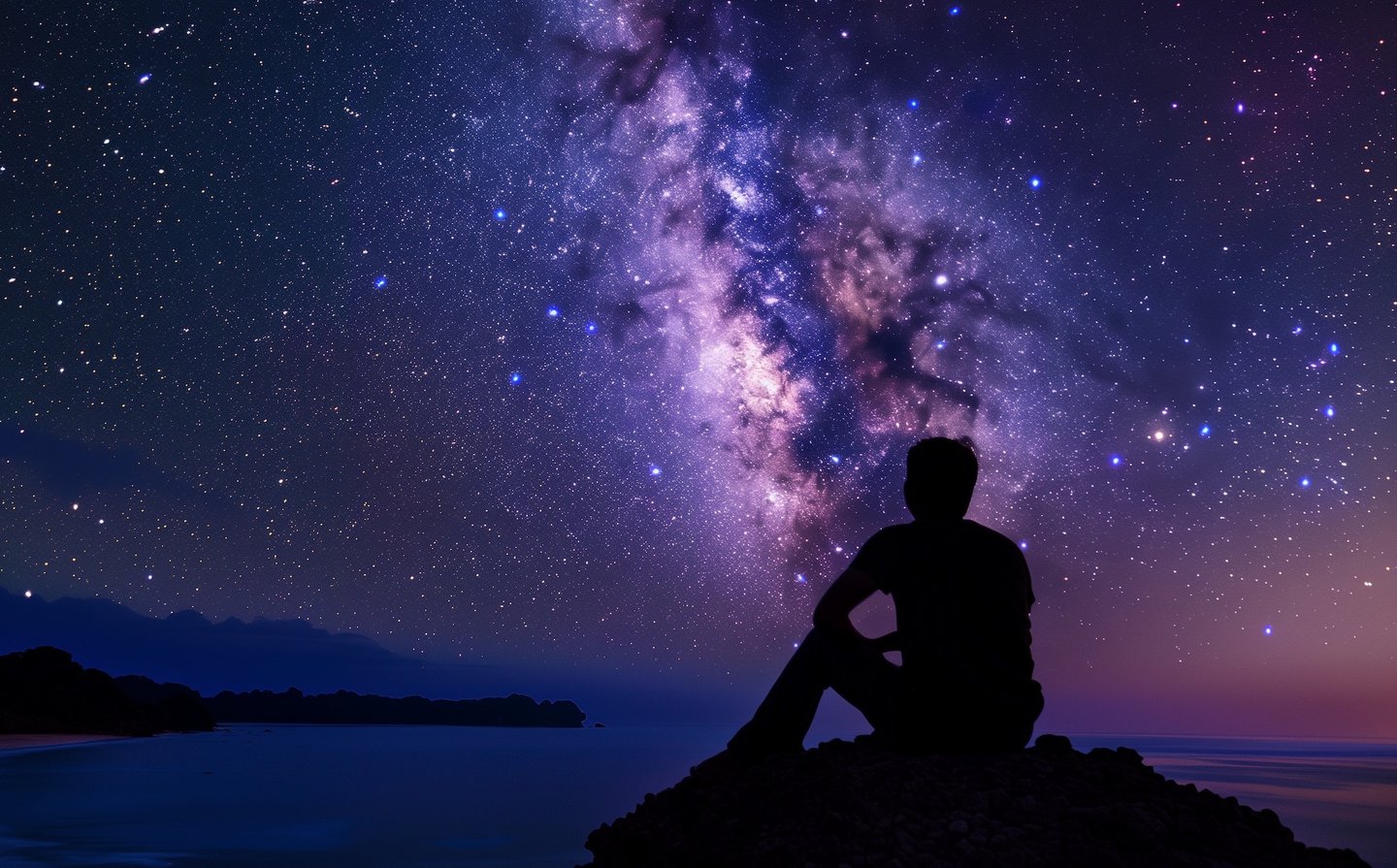 A silhouette of a seated man looking up into the starry night sky