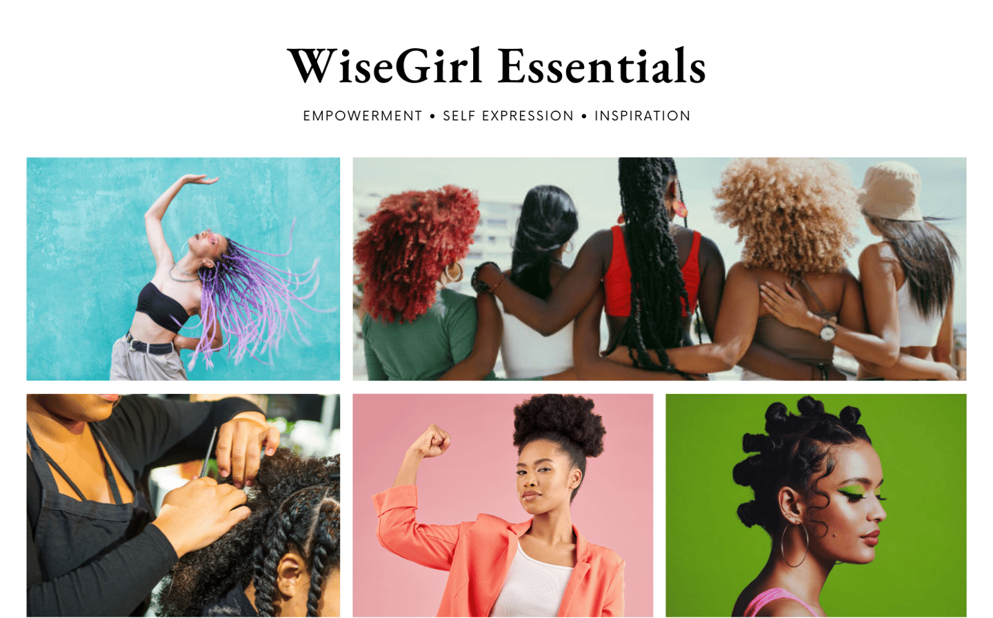 Black woman with various hairstyles embodying WiseGirl slogan:empowerment, expression, inspiration 