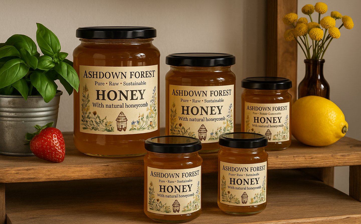 Jars of honey on a shelf