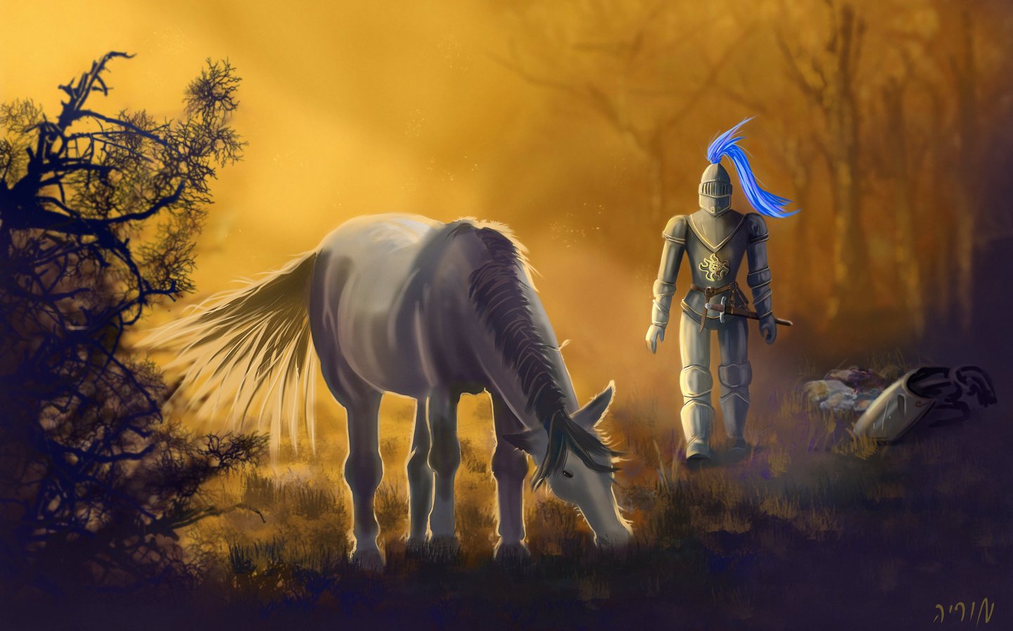 knight_in_the_sunset_ready_to_rest_for_the_night_with_horse