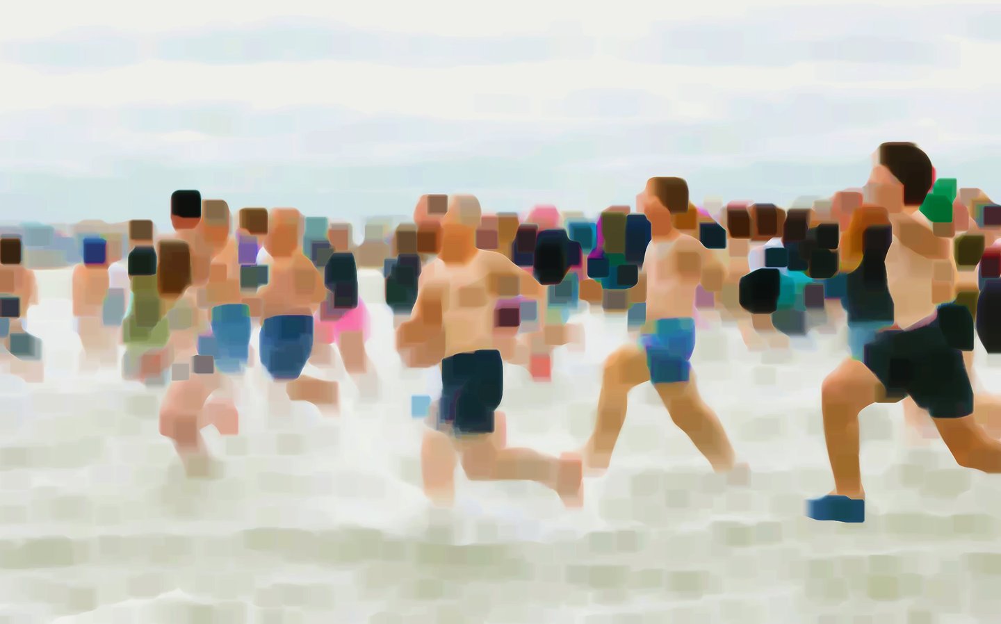 A group of people running in the water