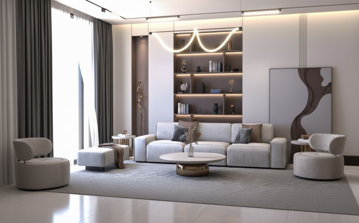 a living room with a couch and a large window Nour Nagy Designs