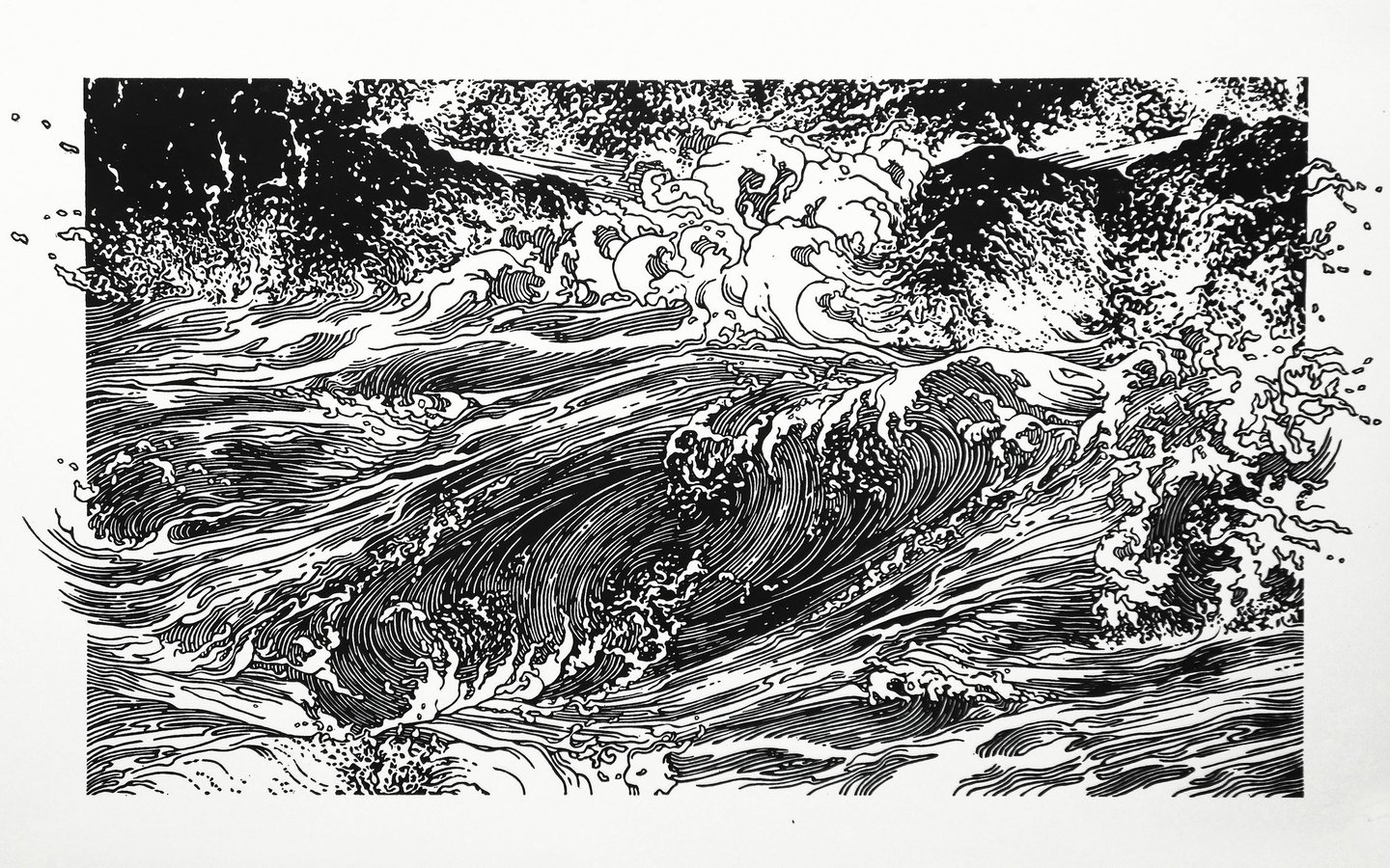 Linogravure, estampe originale,  représentant des vagues.