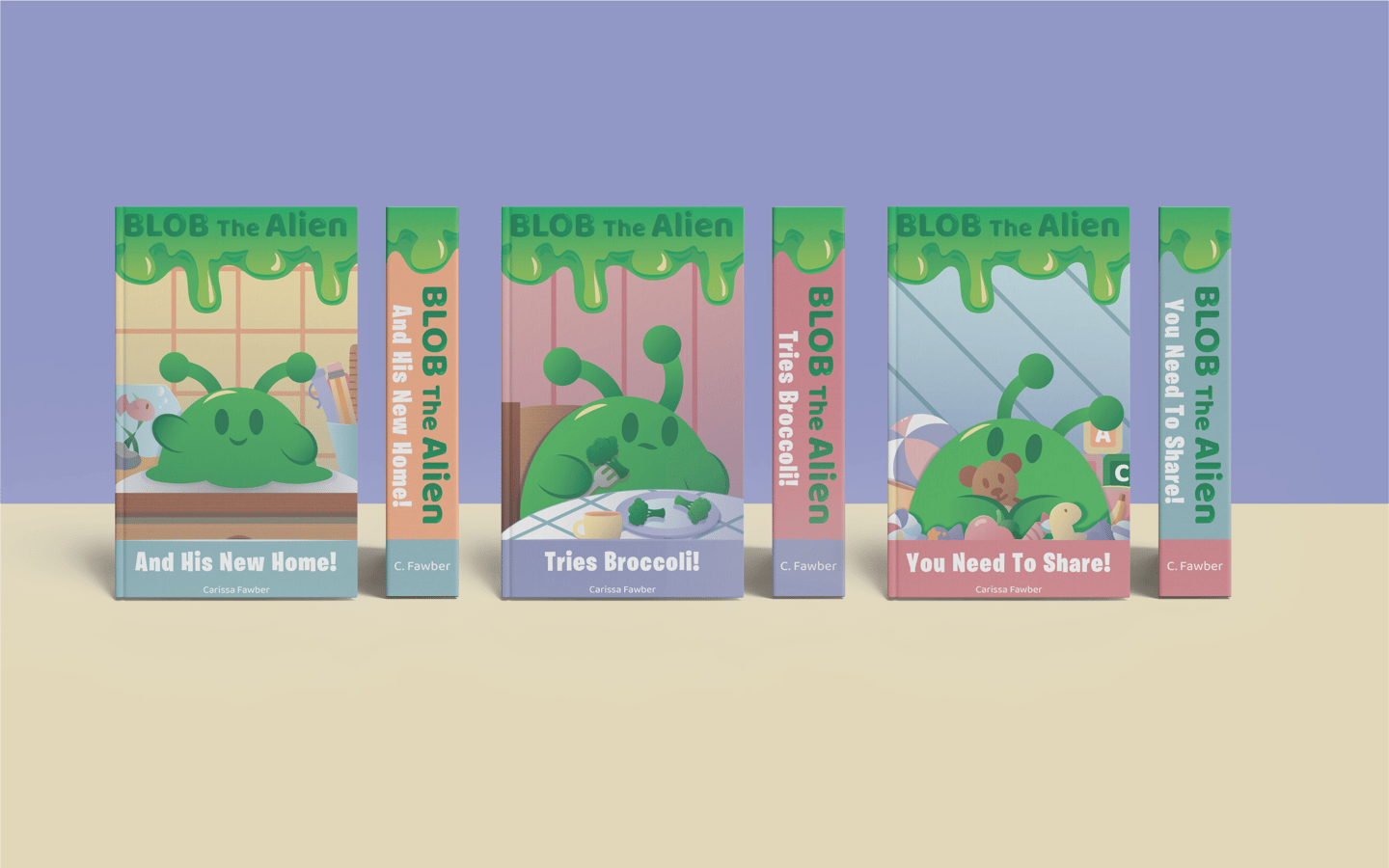 A collection of Blob The Alien children's books featuring green slime illustrations and educational titles.